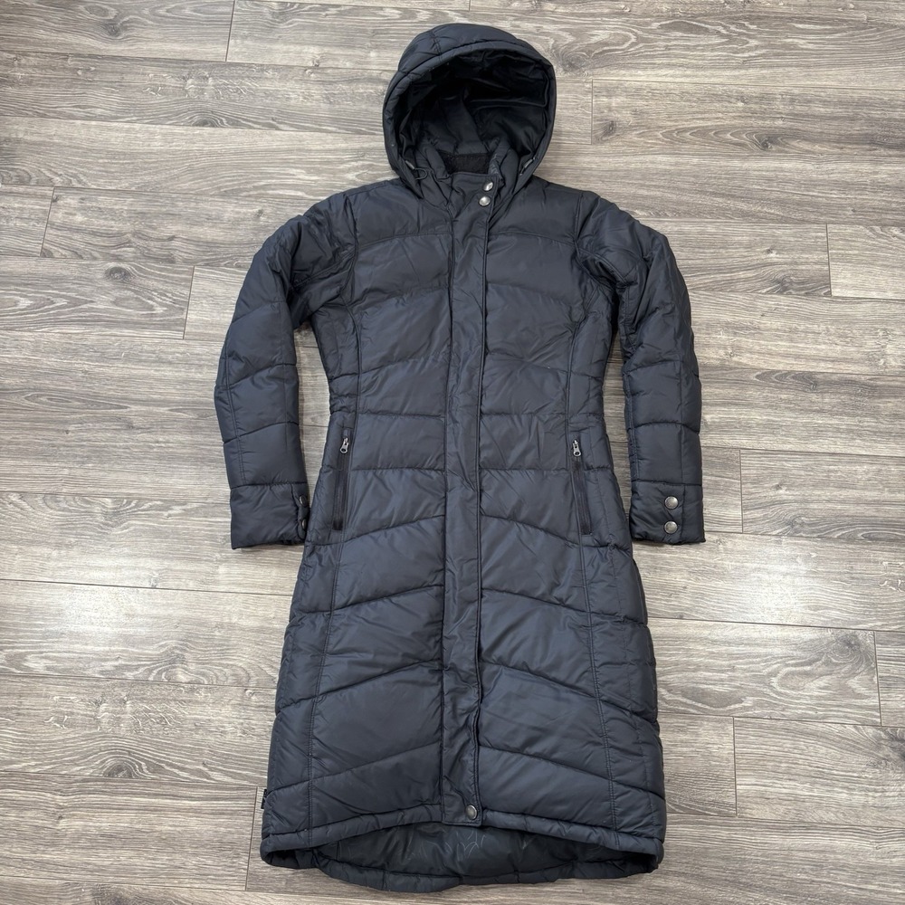 Merrell Down Puffer Coat Womens XS Black Long Hooded Parka Jacket Warm Winter
